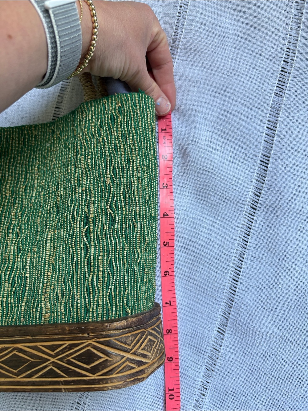 Patchouli Green Woven Handbag with Decorative Wooden Trim and Rope Handles. - Picture 12 of 14